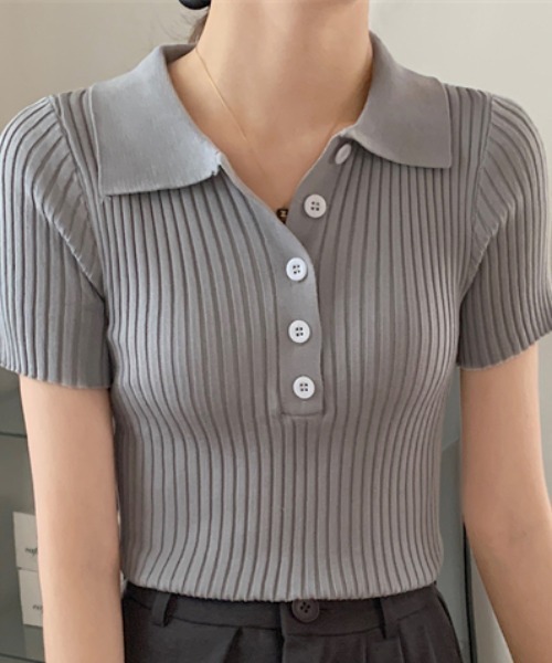 Per sist ence(パーシエンス)の「リブ半袖ポロニット(Tシャツ/カットソー・レディース・グレー/ホワイト/ブラック/ライトピンク・ONE SIZE)」の2枚目の写真