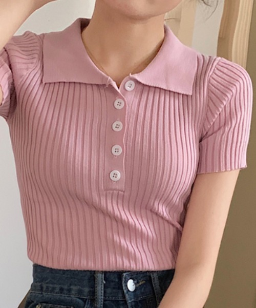 Per sist ence(パーシエンス)の「リブ半袖ポロニット(Tシャツ/カットソー・レディース・グレー/ホワイト/ブラック/ライトピンク・ONE SIZE)」の4枚目の写真