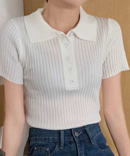 Per sist ence(パーシエンス)の「リブ半袖ポロニット(Tシャツ/カットソー・レディース・グレー/ホワイト/ブラック/ライトピンク・ONE SIZE)」の1枚目の写真