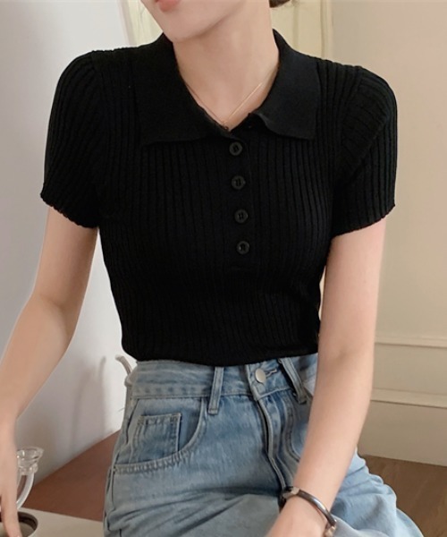 Per sist ence(パーシエンス)の「リブ半袖ポロニット(Tシャツ/カットソー・レディース・グレー/ホワイト/ブラック/ライトピンク・ONE SIZE)」の3枚目の写真