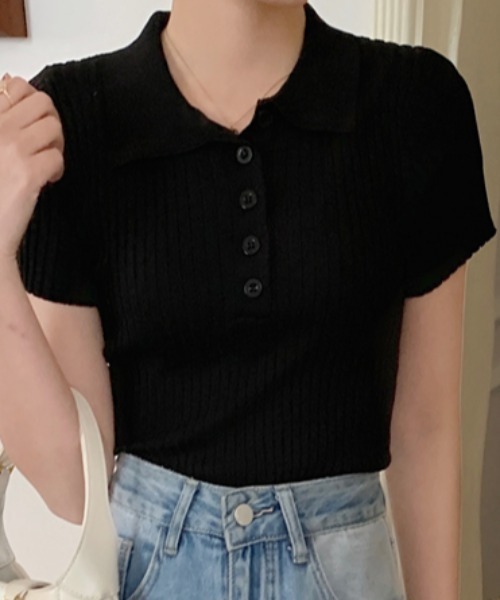Per sist ence(パーシエンス)の「リブ半袖ポロニット(Tシャツ/カットソー・レディース・グレー/ホワイト/ブラック/ライトピンク・ONE SIZE)」の12枚目の写真