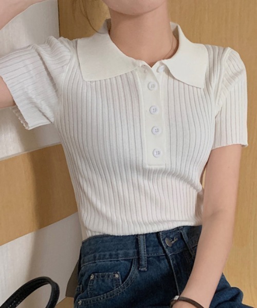Per sist ence(パーシエンス)の「リブ半袖ポロニット(Tシャツ/カットソー・レディース・グレー/ホワイト/ブラック/ライトピンク・ONE SIZE)」の6枚目の写真
