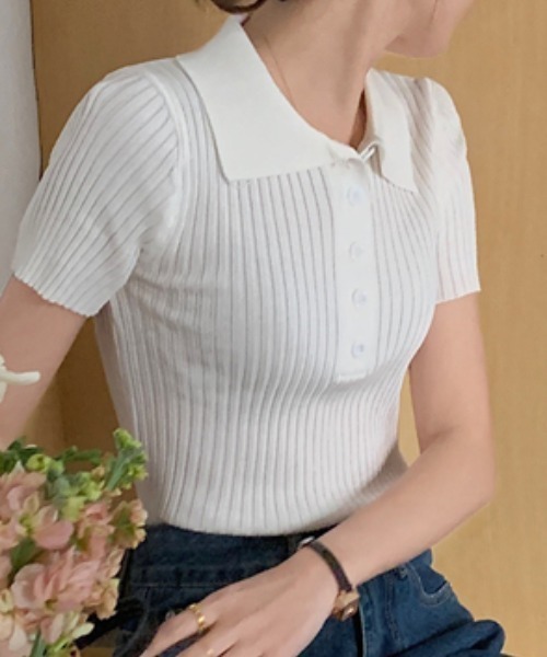 Per sist ence(パーシエンス)の「リブ半袖ポロニット(Tシャツ/カットソー・レディース・グレー/ホワイト/ブラック/ライトピンク・ONE SIZE)」の7枚目の写真