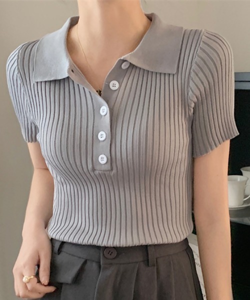 Per sist ence(パーシエンス)の「リブ半袖ポロニット(Tシャツ/カットソー・レディース・グレー/ホワイト/ブラック/ライトピンク・ONE SIZE)」の17枚目の写真