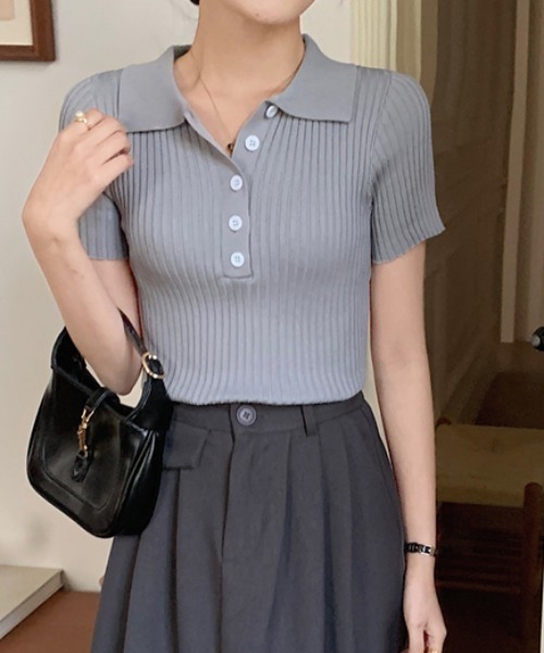 Per sist ence(パーシエンス)の「リブ半袖ポロニット(Tシャツ/カットソー・レディース・グレー/ホワイト/ブラック/ライトピンク・ONE SIZE)」の19枚目の写真