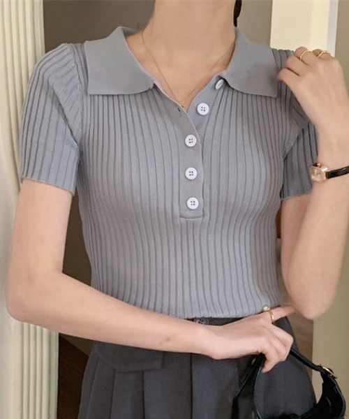 Per sist ence(パーシエンス)の「リブ半袖ポロニット(Tシャツ/カットソー・レディース・グレー/ホワイト/ブラック/ライトピンク・ONE SIZE)」の20枚目の写真