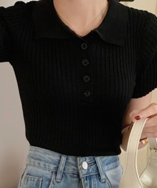 Per sist ence(パーシエンス)の「リブ半袖ポロニット(Tシャツ/カットソー・レディース・グレー/ホワイト/ブラック/ライトピンク・ONE SIZE)」の10枚目の写真