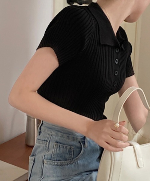 Per sist ence(パーシエンス)の「リブ半袖ポロニット(Tシャツ/カットソー・レディース・グレー/ホワイト/ブラック/ライトピンク・ONE SIZE)」の13枚目の写真