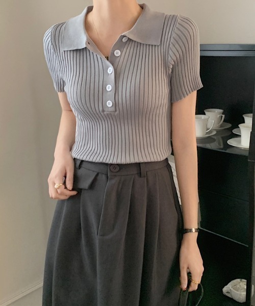 Per sist ence(パーシエンス)の「リブ半袖ポロニット(Tシャツ/カットソー・レディース・グレー/ホワイト/ブラック/ライトピンク・ONE SIZE)」の18枚目の写真