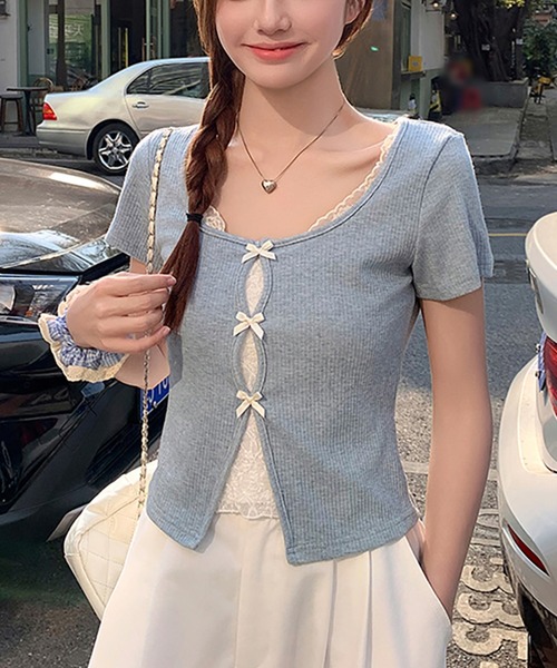 nagonstans◆frill border pullover/ニット・セーター(薄手)/M/コットン/RED/470ga170-1 半袖ニットセーター【韓国ファッション】[品番：ZJ000021838