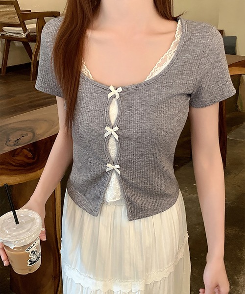 nagonstans◆frill border pullover/ニット・セーター(薄手)/M/コットン/RED/470ga170-1 半袖ニットセーター【韓国ファッション】[品番：ZJ000021838