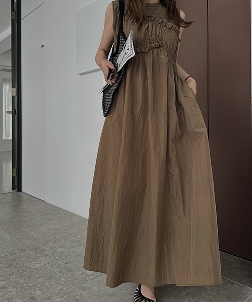 セール】asymmetry shirring gather no sleeve OP（ワンピース