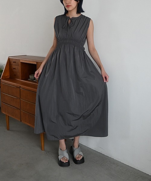 セール】asymmetry shirring gather no sleeve OP（ワンピース