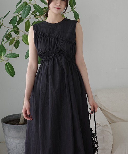 セール】asymmetry shirring gather no sleeve OP（ワンピース