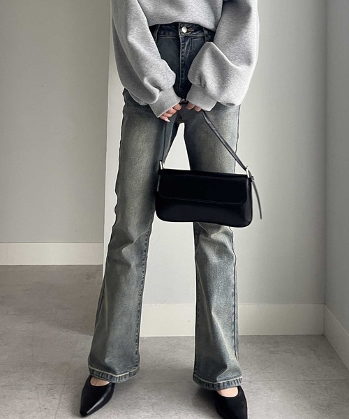 セール】オリジナルパッチストレッチフレアデニムパンツ（デニム