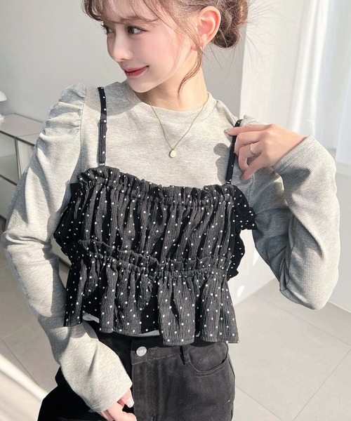 moment+（モーメントプラス）の「ドットプリントビスチェセット長袖ショルダーギャザーリブカットソートップス（Tシャツ/カットソー・レディース・ブラック/アイボリー/ブラウン/チャコールグレー/ネイビー/杢グレー・M/L）」の4枚目の写真