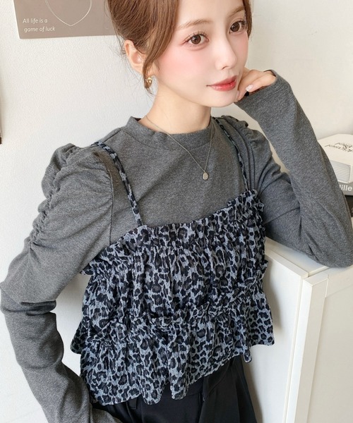 moment+（モーメントプラス）の「ドットプリントビスチェセット長袖ショルダーギャザーリブカットソートップス（Tシャツ/カットソー・レディース・ブラック/アイボリー/ブラウン/チャコールグレー/ネイビー/杢グレー・M/L）」の3枚目の写真