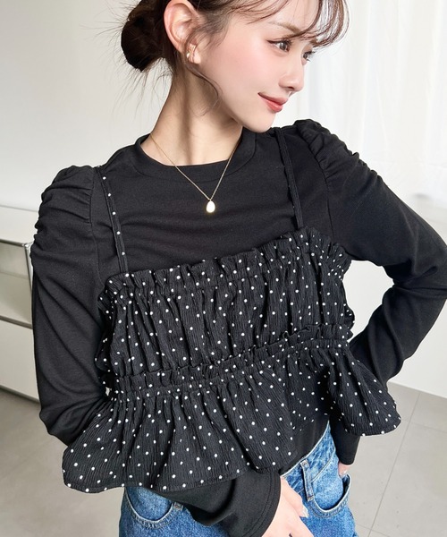 moment+（モーメントプラス）の「ドットプリントビスチェセット長袖ショルダーギャザーリブカットソートップス（Tシャツ/カットソー・レディース・ブラック/アイボリー/ブラウン/チャコールグレー/ネイビー/杢グレー・M/L）」の2枚目の写真