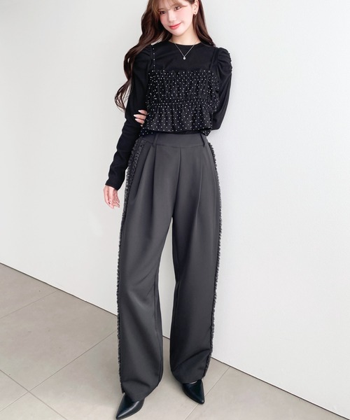 moment+（モーメントプラス）の「ドットプリントビスチェセット長袖ショルダーギャザーリブカットソートップス（Tシャツ/カットソー・レディース・ブラック/アイボリー/ブラウン/チャコールグレー/ネイビー/杢グレー・M/L）」の12枚目の写真
