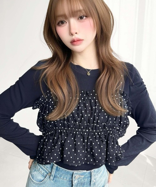 moment+（モーメントプラス）の「ドットプリントビスチェセット長袖ショルダーギャザーリブカットソートップス（Tシャツ/カットソー・レディース・ブラック/アイボリー/ブラウン/チャコールグレー/ネイビー/杢グレー・M/L）」の10枚目の写真
