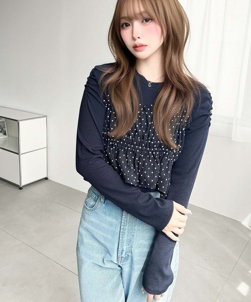 moment+（モーメントプラス）の「ドットプリントビスチェセット長袖ショルダーギャザーリブカットソートップス（Tシャツ/カットソー・レディース・ブラック/アイボリー/ブラウン/チャコールグレー/ネイビー/杢グレー・M/L）」の9枚目の写真