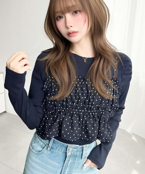moment+（モーメントプラス）の「ドットプリントビスチェセット長袖ショルダーギャザーリブカットソートップス（Tシャツ/カットソー・レディース・ブラック/アイボリー/ブラウン/チャコールグレー/ネイビー/杢グレー・M/L）」の11枚目の写真