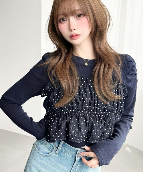 moment+（モーメントプラス）の「ドットプリントビスチェセット長袖ショルダーギャザーリブカットソートップス（Tシャツ/カットソー・レディース・ブラック/アイボリー/ブラウン/チャコールグレー/ネイビー/杢グレー・M/L）」の8枚目の写真