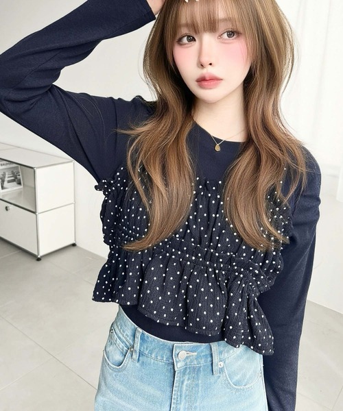 moment+（モーメントプラス）の「ドットプリントビスチェセット長袖ショルダーギャザーリブカットソートップス（Tシャツ/カットソー・レディース・ブラック/アイボリー/ブラウン/チャコールグレー/ネイビー/杢グレー・M/L）」の7枚目の写真