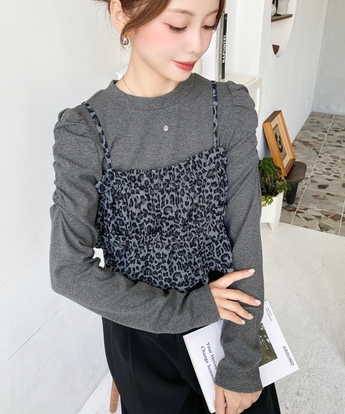 セール】レオパード柄ビスチェセット長袖リブカットソートップス（T