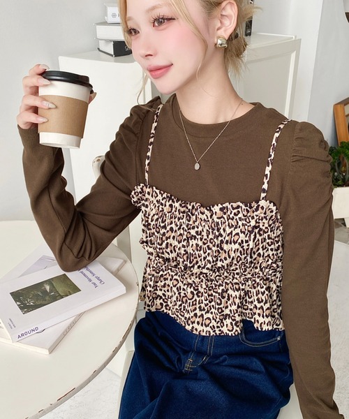 セール】レオパード柄ビスチェセット長袖リブカットソートップス（T