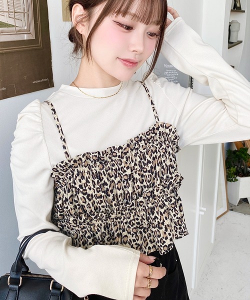 セール】レオパード柄ビスチェセット長袖リブカットソートップス（T