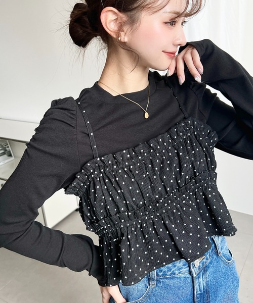moment+（モーメントプラス）の「ドットプリントビスチェセット長袖ショルダーギャザーリブカットソートップス（Tシャツ/カットソー・レディース・ブラック/アイボリー/ブラウン/チャコールグレー/ネイビー/杢グレー・M/L）」の22枚目の写真