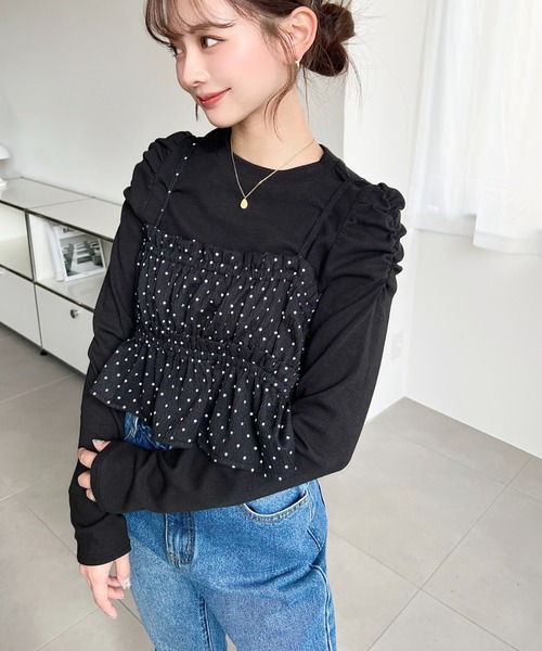 moment+（モーメントプラス）の「ドットプリントビスチェセット長袖ショルダーギャザーリブカットソートップス（Tシャツ/カットソー・レディース・ブラック/アイボリー/ブラウン/チャコールグレー/ネイビー/杢グレー・M/L）」の21枚目の写真