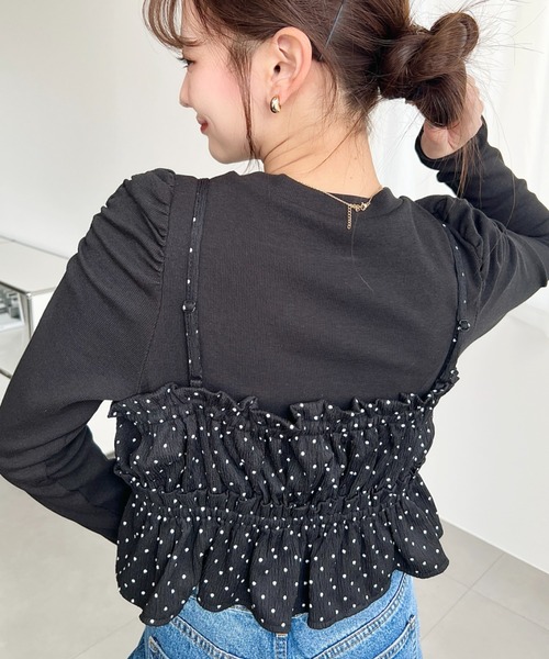 moment+（モーメントプラス）の「ドットプリントビスチェセット長袖ショルダーギャザーリブカットソートップス（Tシャツ/カットソー・レディース・ブラック/アイボリー/ブラウン/チャコールグレー/ネイビー/杢グレー・M/L）」の19枚目の写真