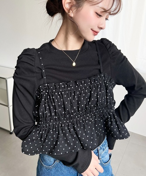 moment+（モーメントプラス）の「ドットプリントビスチェセット長袖ショルダーギャザーリブカットソートップス（Tシャツ/カットソー・レディース・ブラック/アイボリー/ブラウン/チャコールグレー/ネイビー/杢グレー・M/L）」の20枚目の写真