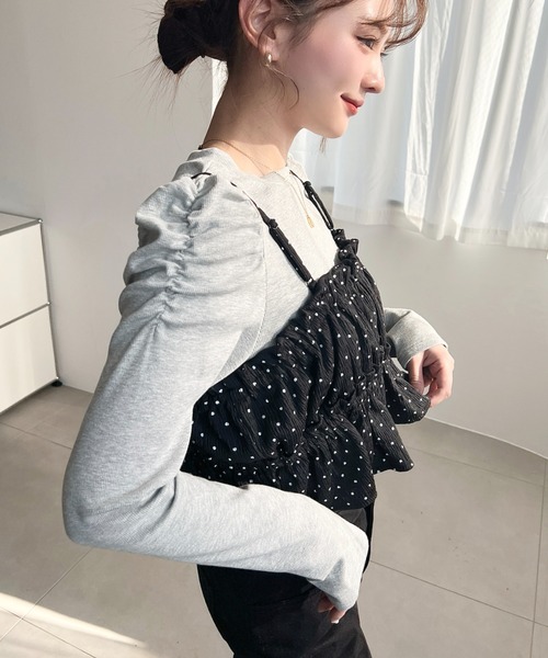 moment+（モーメントプラス）の「ドットプリントビスチェセット長袖ショルダーギャザーリブカットソートップス（Tシャツ/カットソー・レディース・ブラック/アイボリー/ブラウン/チャコールグレー/ネイビー/杢グレー・M/L）」の16枚目の写真