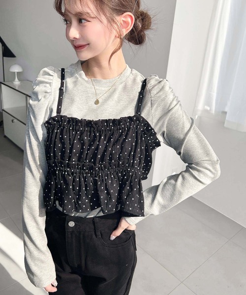 moment+（モーメントプラス）の「ドットプリントビスチェセット長袖ショルダーギャザーリブカットソートップス（Tシャツ/カットソー・レディース・ブラック/アイボリー/ブラウン/チャコールグレー/ネイビー/杢グレー・M/L）」の15枚目の写真