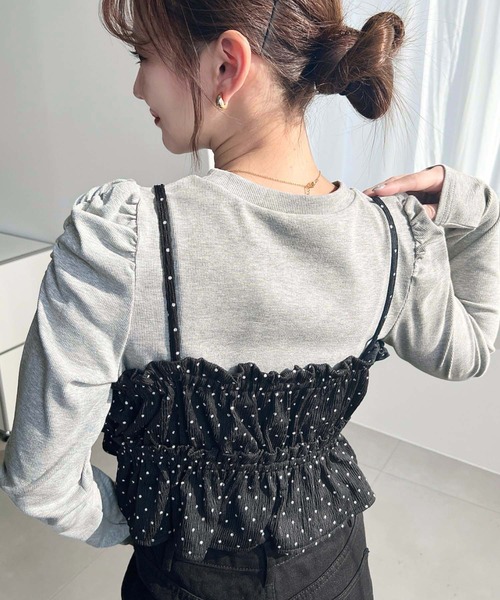 moment+（モーメントプラス）の「ドットプリントビスチェセット長袖ショルダーギャザーリブカットソートップス（Tシャツ/カットソー・レディース・ブラック/アイボリー/ブラウン/チャコールグレー/ネイビー/杢グレー・M/L）」の14枚目の写真