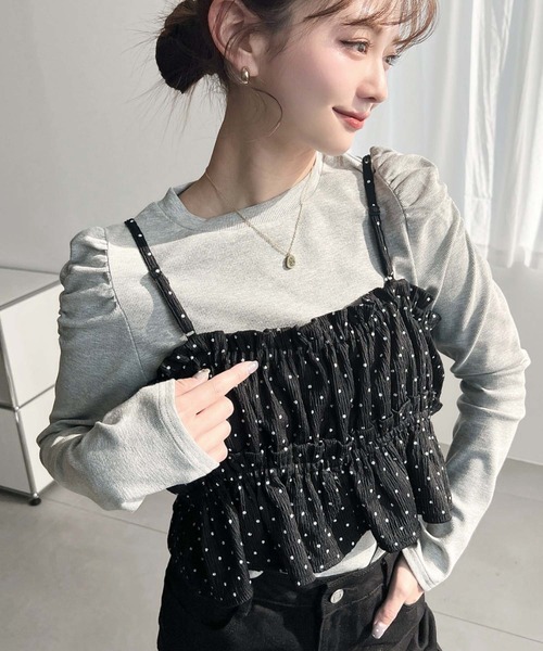 moment+（モーメントプラス）の「ドットプリントビスチェセット長袖ショルダーギャザーリブカットソートップス（Tシャツ/カットソー・レディース・ブラック/アイボリー/ブラウン/チャコールグレー/ネイビー/杢グレー・M/L）」の17枚目の写真