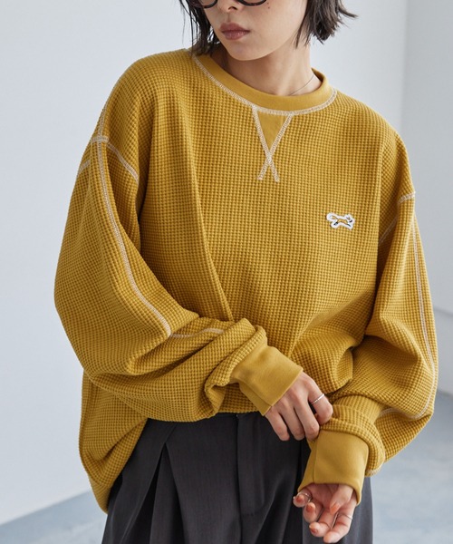 PENNEYS（ぺニーズ）の「PENNEYS/ペニーズ 別注 THE FOX ワンポイントロゴ刺繍 ステッチ配色ワッフル長袖Tシャツ<抗菌防臭>（Tシャツ/カットソー・レディース・ネイビー/アイボリー/グレー/カーキ/ブラック/イエロー・L/M）」の6枚目の写真