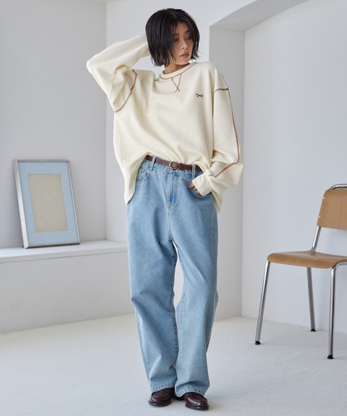 PENNEYS（ぺニーズ）の「PENNEYS/ペニーズ 別注 THE FOX ワンポイントロゴ刺繍 ステッチ配色ワッフル長袖Tシャツ<抗菌防臭>（Tシャツ/カットソー・レディース・ネイビー/アイボリー/グレー/カーキ/ブラック/イエロー・L/M）」の10枚目の写真