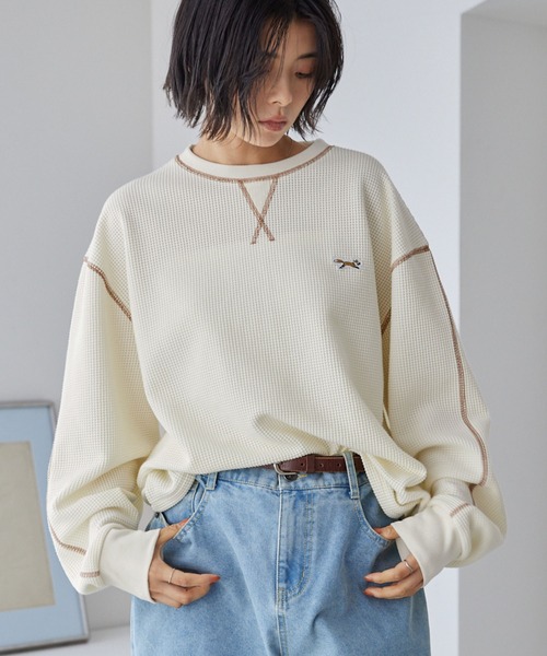 PENNEYS（ぺニーズ）の「PENNEYS/ペニーズ 別注 THE FOX ワンポイントロゴ刺繍 ステッチ配色ワッフル長袖Tシャツ<抗菌防臭>（Tシャツ/カットソー・レディース・ネイビー/アイボリー/グレー/カーキ/ブラック/イエロー・L/M）」の11枚目の写真