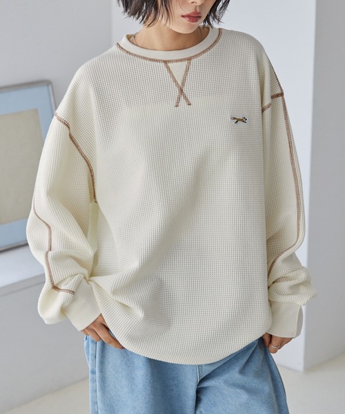 PENNEYS（ぺニーズ）の「PENNEYS/ペニーズ 別注 THE FOX ワンポイントロゴ刺繍 ステッチ配色ワッフル長袖Tシャツ<抗菌防臭>（Tシャツ/カットソー・レディース・ネイビー/アイボリー/グレー/カーキ/ブラック/イエロー・L/M）」の13枚目の写真