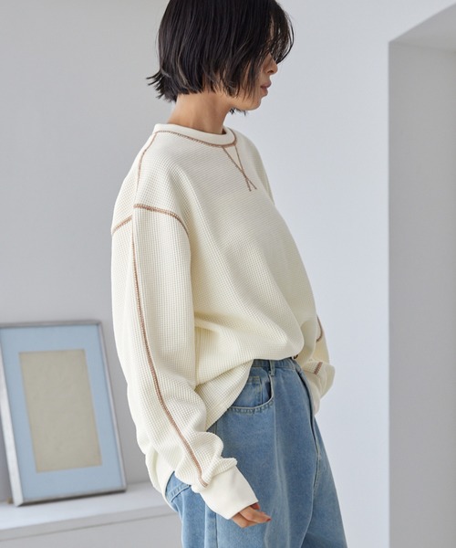 PENNEYS（ぺニーズ）の「PENNEYS/ペニーズ 別注 THE FOX ワンポイントロゴ刺繍 ステッチ配色ワッフル長袖Tシャツ<抗菌防臭>（Tシャツ/カットソー・レディース・ネイビー/アイボリー/グレー/カーキ/ブラック/イエロー・L/M）」の14枚目の写真