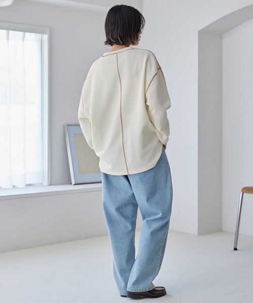 PENNEYS（ぺニーズ）の「PENNEYS/ペニーズ 別注 THE FOX ワンポイントロゴ刺繍 ステッチ配色ワッフル長袖Tシャツ<抗菌防臭>（Tシャツ/カットソー・レディース・ネイビー/アイボリー/グレー/カーキ/ブラック/イエロー・L/M）」の18枚目の写真