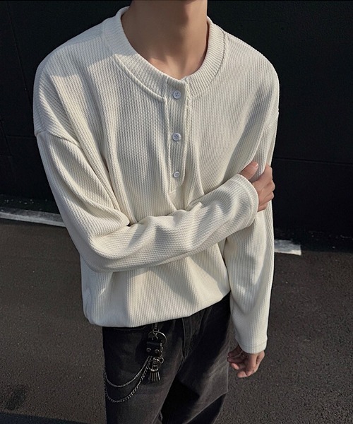 Ressaca(レサーカ)の「オーバーサイズヘンリーネックロンT(Tシャツ/カットソー・メンズ・オフホワイト/ブラック・L/M/XL)」の1枚目の写真