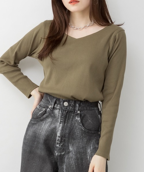 RCD(アールシーディー)の「2×2リブVネックカットソー(Tシャツ/カットソー・レディース・杢グレー/オフホワイト/ベージュ/ブラック/カーキ・L/M/4L/3L/LL)」の1枚目の写真