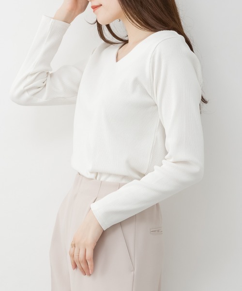 RCD(アールシーディー)の「2×2リブVネックカットソー(Tシャツ/カットソー・レディース・杢グレー/オフホワイト/ベージュ/ブラック/カーキ・L/M/4L/3L/LL)」の18枚目の写真