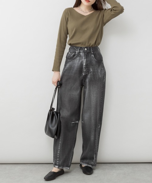 RCD(アールシーディー)の「2×2リブVネックカットソー(Tシャツ/カットソー・レディース・杢グレー/オフホワイト/ベージュ/ブラック/カーキ・L/M/4L/3L/LL)」の8枚目の写真