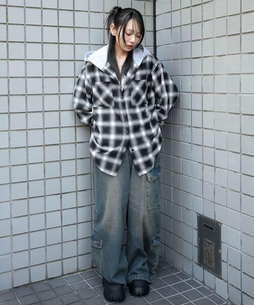 WEGO(ウィゴー)の「WEGO/裏毛フードチェックシャツ(シャツ/ブラウス・レディース・ブラウン系その他2/ブラック系その他2・FREE)」の17枚目の写真